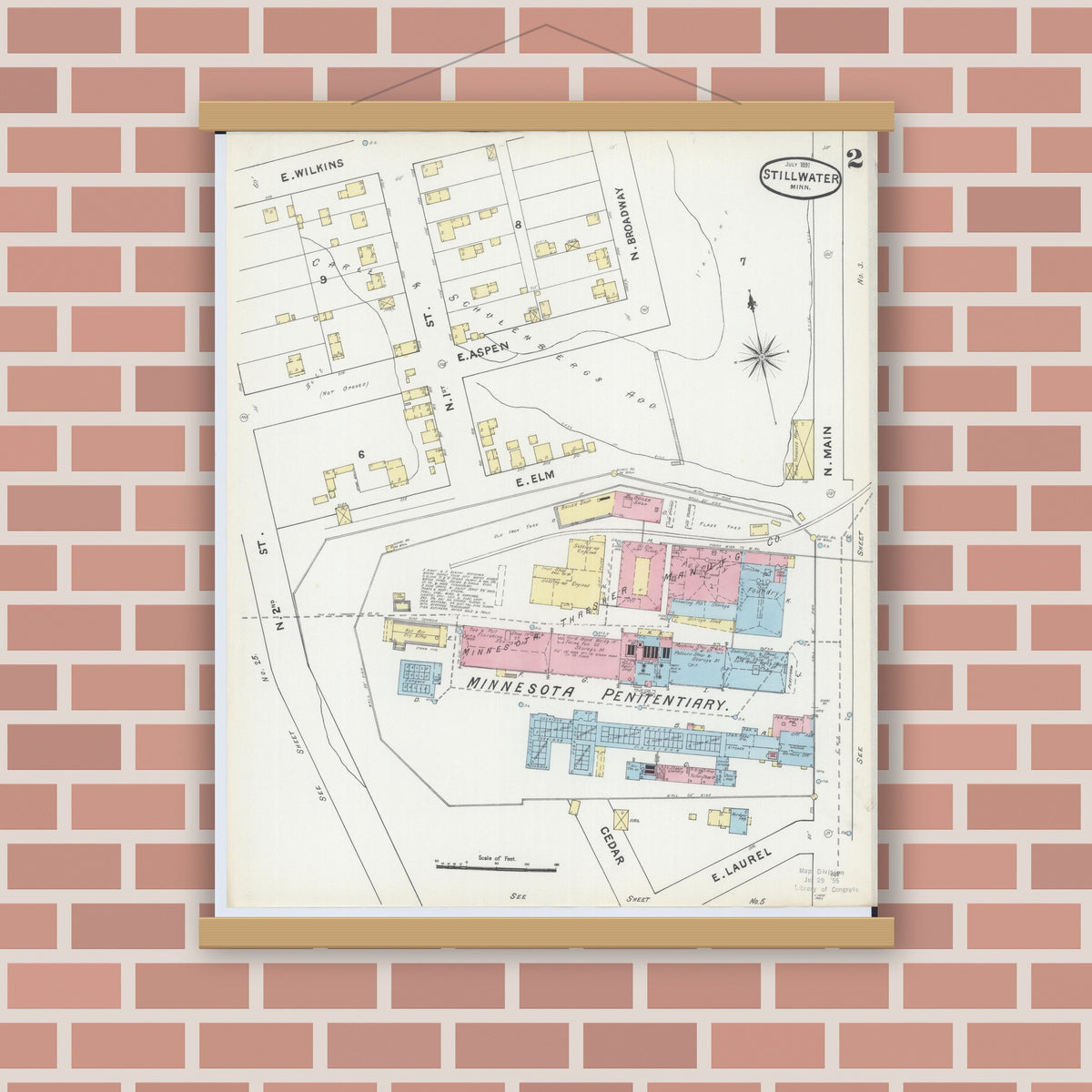 Old map wall art mockup — magnetic wood frame on brick wall — Sanborn Fire Insurance Map from Stillwater, Washington County, Minnesota (1891), Sheet #0002