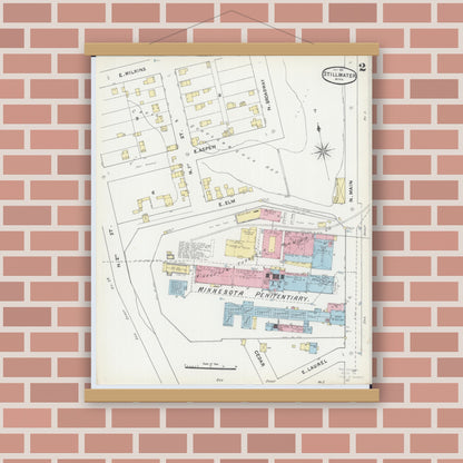 Old map wall art mockup — magnetic wood frame on brick wall — Sanborn Fire Insurance Map from Stillwater, Washington County, Minnesota (1891), Sheet #0002