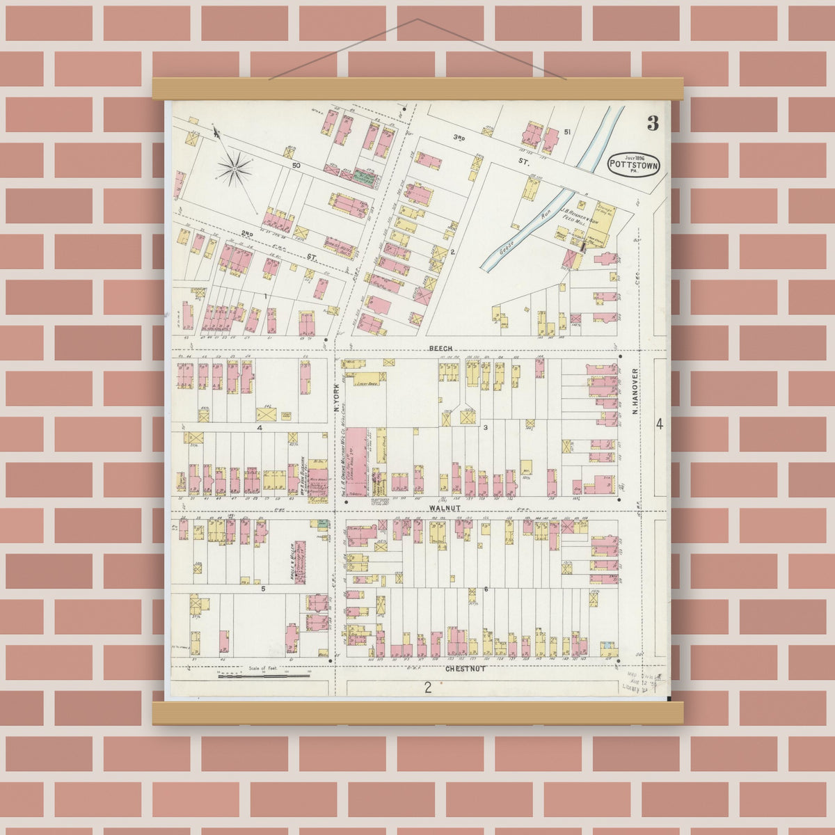 Old map wall art mockup — magnetic wood frame on brick wall — Sanborn Fire Insurance Map from Pottstown, Montgomery County, Pennsylvania (1896), Sheet #0003