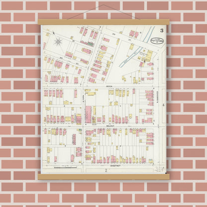Old map wall art mockup — magnetic wood frame on brick wall — Sanborn Fire Insurance Map from Pottstown, Montgomery County, Pennsylvania (1896), Sheet #0003