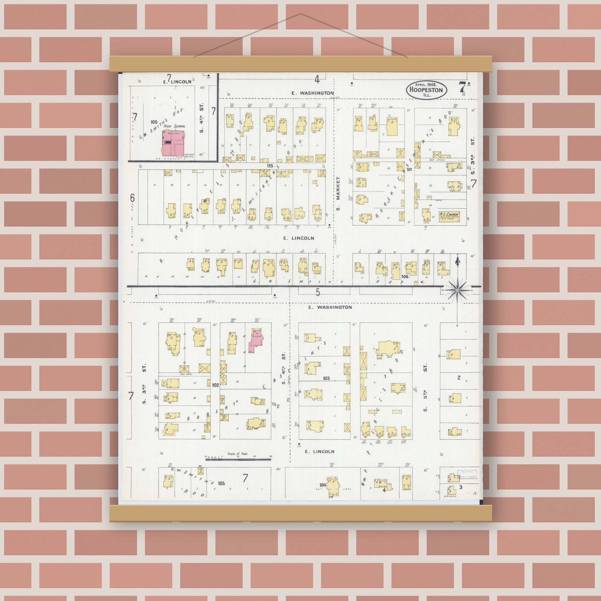 Old map wall art mockup — magnetic wood frame on brick wall — Sanborn Fire Insurance Map from Hoopeston, Vermilion County, Illinois (1906), Sheet #0007
