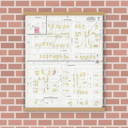 Old map wall art mockup — magnetic wood frame on brick wall — Sanborn Fire Insurance Map from Hoopeston, Vermilion County, Illinois (1906), Sheet #0007
