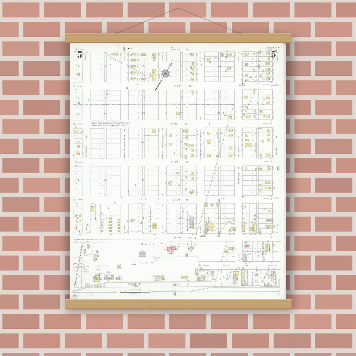 Old map wall art mockup — magnetic wood frame on brick wall — Sanborn Fire Insurance Map from Odessa, Edger County, Texas (1939), Sheet #0005