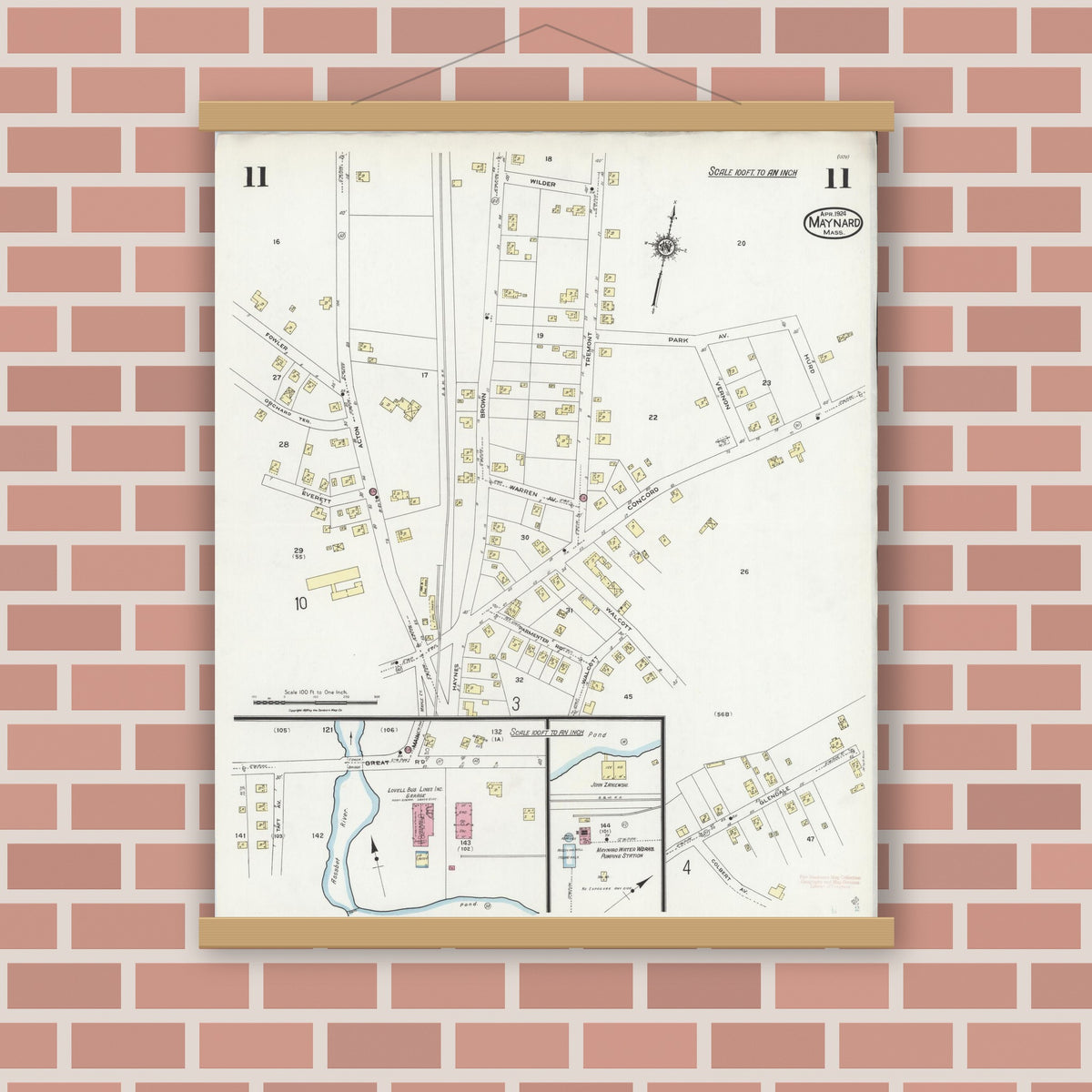 Old map wall art mockup — magnetic wood frame on brick wall — Sanborn Fire Insurance Map from Maynard, Middlesex County, Massachusetts (1924), Sheet #0011
