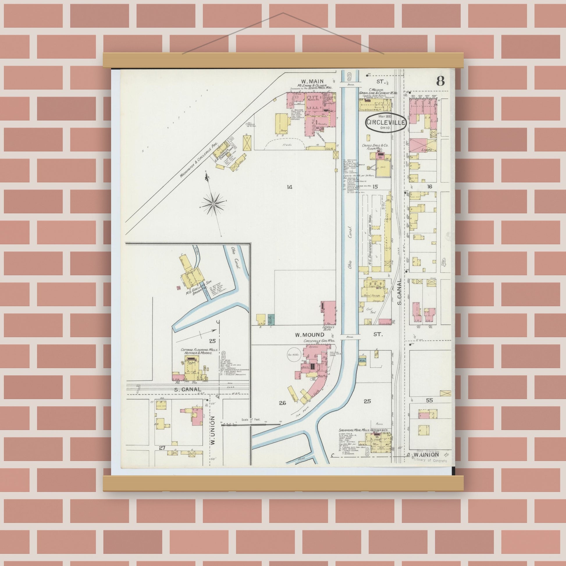 Old map wall art mockup — magnetic wood frame on brick wall — Sanborn Fire Insurance Map from Circleville, Pickaway County, Ohio (1893), Sheet #0008