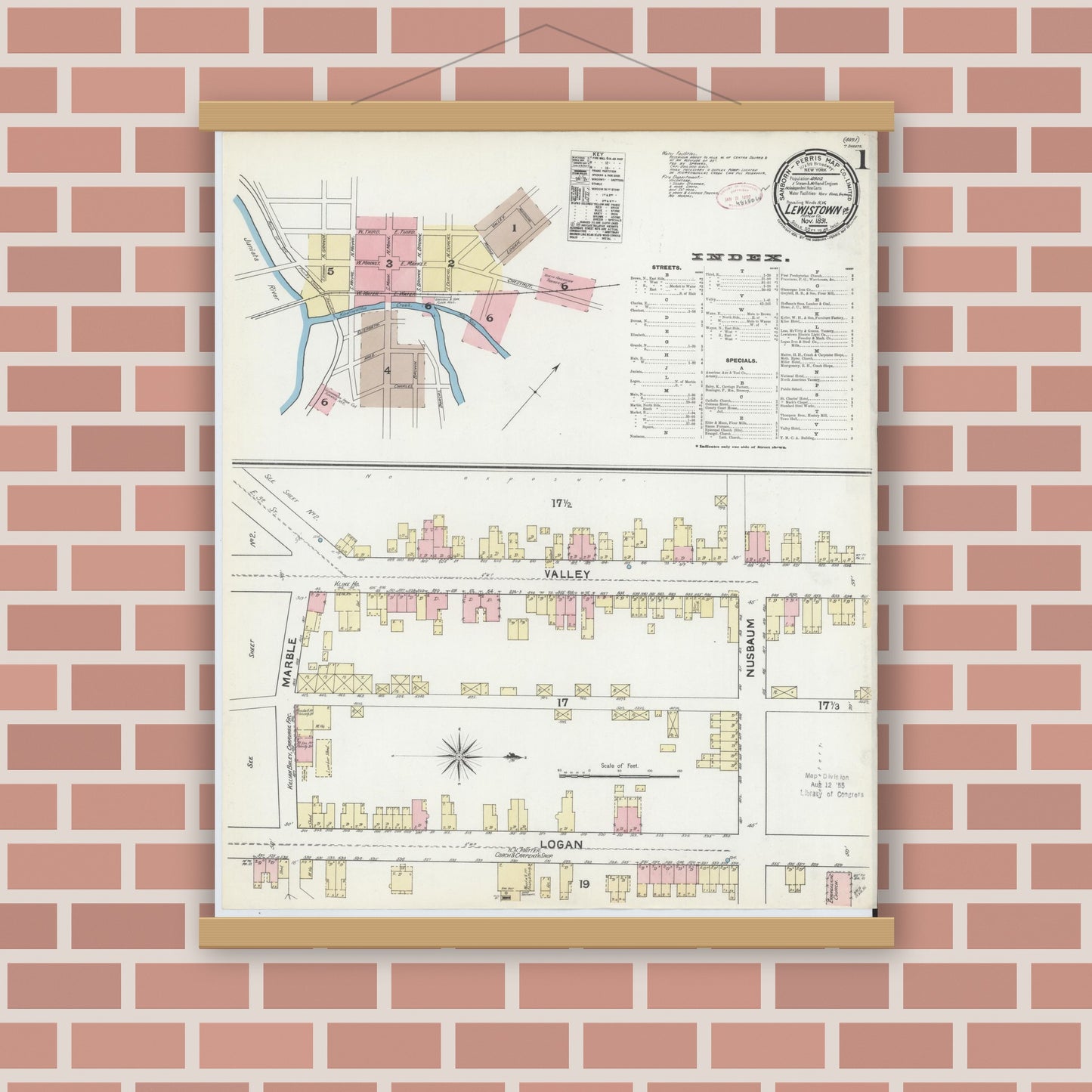 Old map wall art mockup — magnetic wood frame on brick wall — Sanborn Fire Insurance Map from Lewistown, Mifflin County, Pennsylvania (1891), Sheet #0001