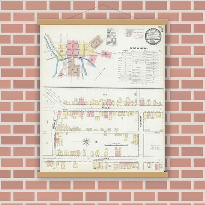 Old map wall art mockup — magnetic wood frame on brick wall — Sanborn Fire Insurance Map from Lewistown, Mifflin County, Pennsylvania (1891), Sheet #0001