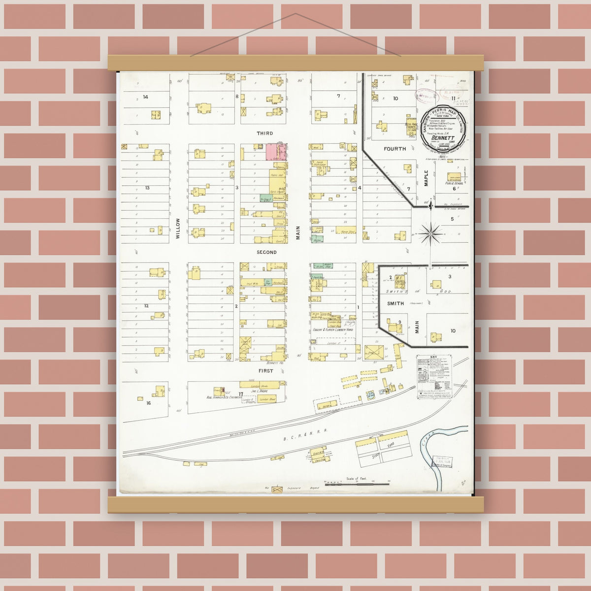 Old map wall art mockup — magnetic wood frame on brick wall — Sanborn Fire Insurance Map from Bennett, Cedar County, Iowa (1899), Sheet #0001