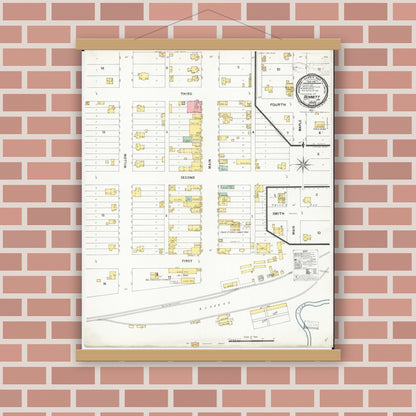 Old map wall art mockup — magnetic wood frame on brick wall — Sanborn Fire Insurance Map from Bennett, Cedar County, Iowa (1899), Sheet #0001