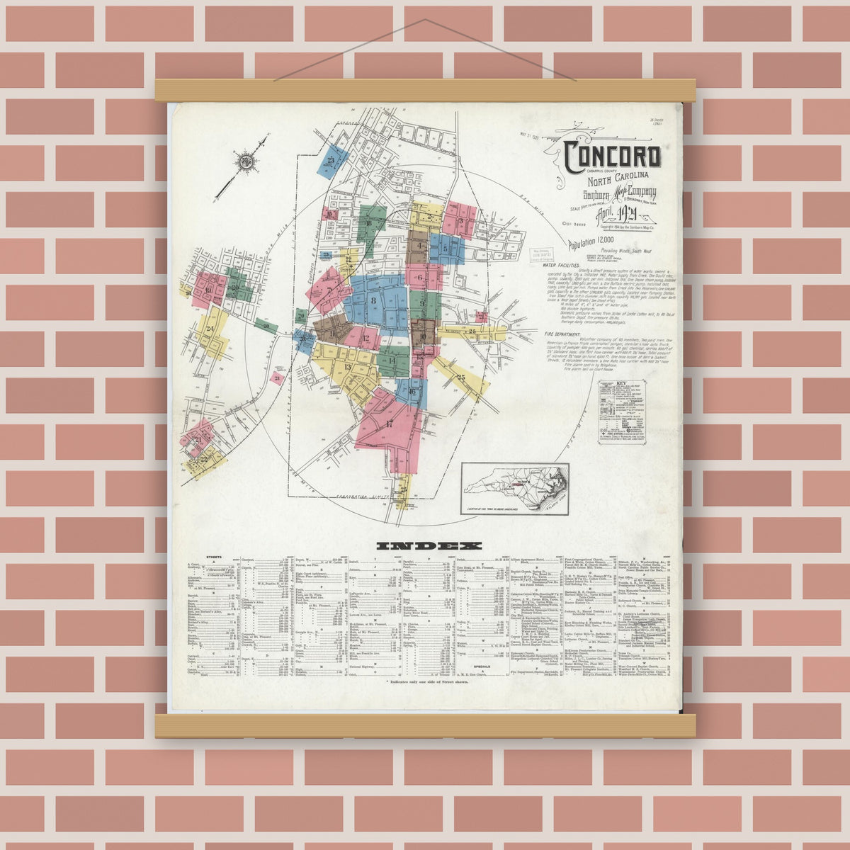 Old map wall art mockup — magnetic wood frame on brick wall — Sanborn Fire Insurance Map from Concord, Cabarrus County, North Carolina (1921) - Complete Map Set