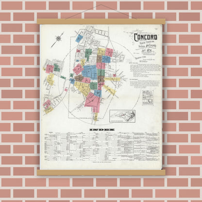 Old map wall art mockup — magnetic wood frame on brick wall — Sanborn Fire Insurance Map from Concord, Cabarrus County, North Carolina (1921) - Complete Map Set