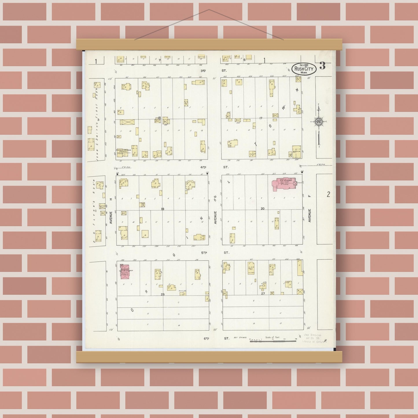 Old map wall art mockup — magnetic wood frame on brick wall — Sanborn Fire Insurance Map from Rush City, Chisago County, Minnesota (1912), Sheet #0003