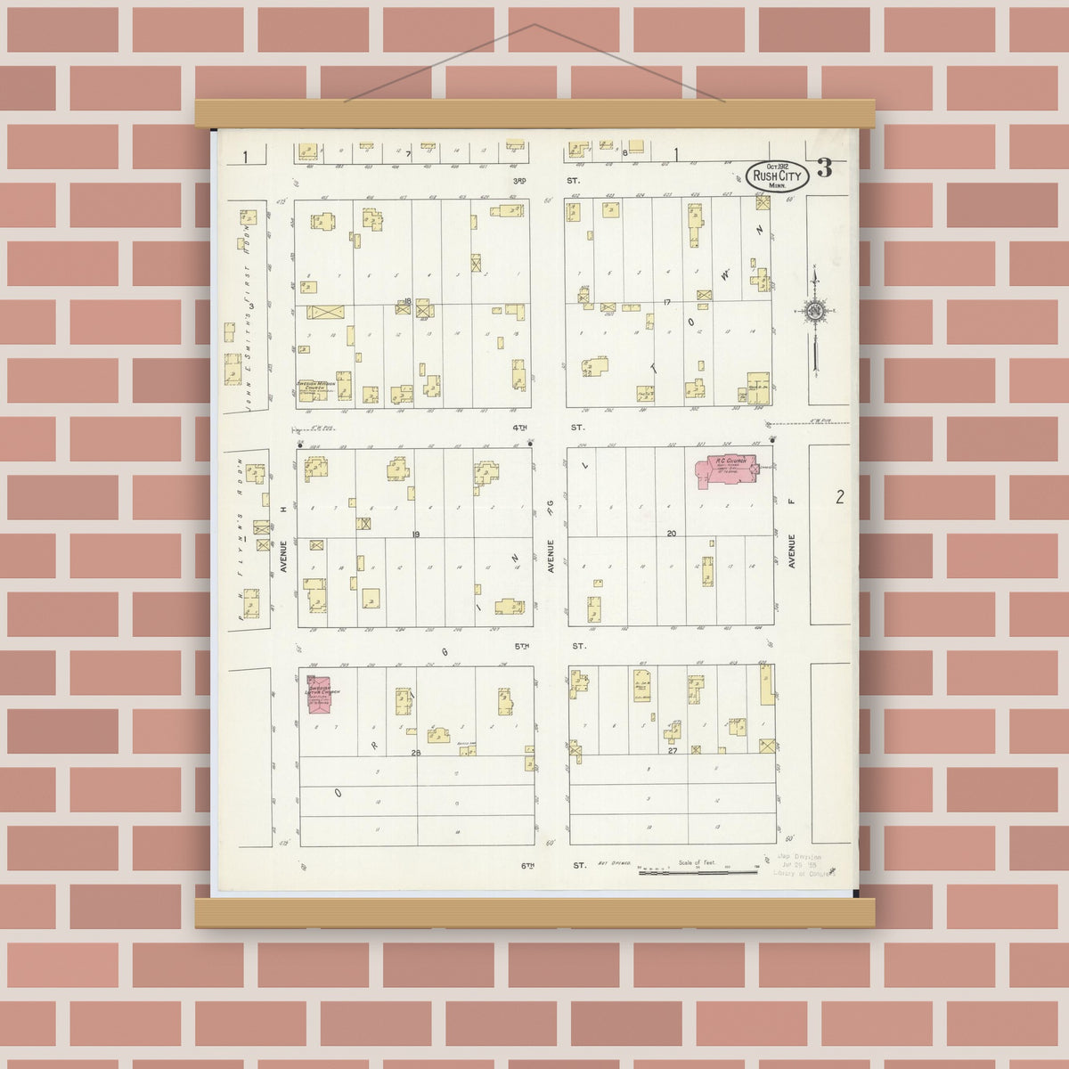 Old map wall art mockup — magnetic wood frame on brick wall — Sanborn Fire Insurance Map from Rush City, Chisago County, Minnesota (1912), Sheet #0003