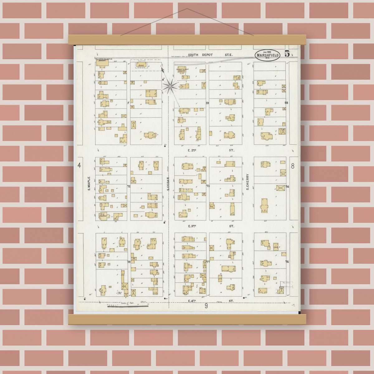 Old map wall art mockup — magnetic wood frame on brick wall — Sanborn Fire Insurance Map from Marshfield, Wood County, Wisconsin (1898), Sheet #0005