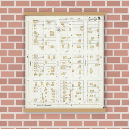 Old map wall art mockup — magnetic wood frame on brick wall — Sanborn Fire Insurance Map from Marshfield, Wood County, Wisconsin (1898), Sheet #0005