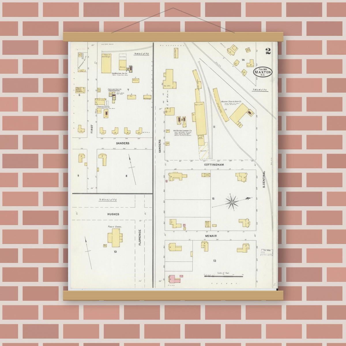 Old map wall art mockup — magnetic wood frame on brick wall — Sanborn Fire Insurance Map from Maxton, Robeson County, North Carolina (1905), Sheet #0002