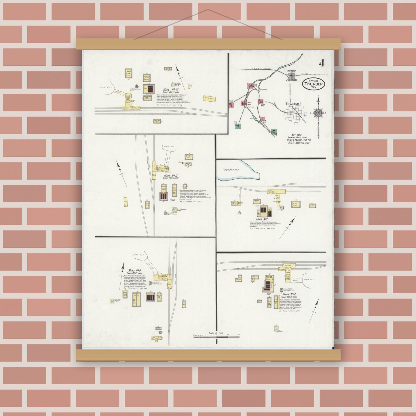 Old map wall art mockup — magnetic wood frame on brick wall — Sanborn Fire Insurance Map from Thurber, Erath County, Texas (1911), Sheet #0004