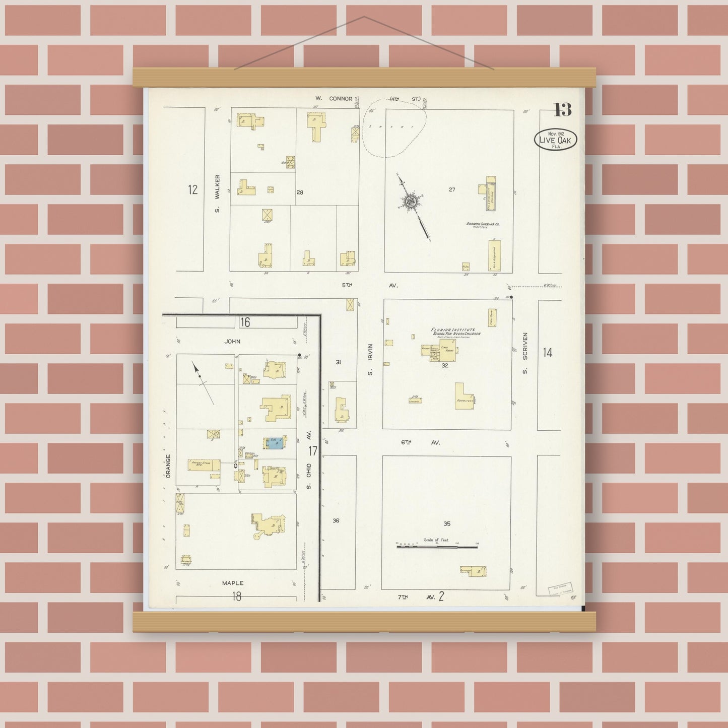 Old map wall art mockup — magnetic wood frame on brick wall — Sanborn Fire Insurance Map from Live Oak, Suwanee County, Florida (1912), Sheet #0013