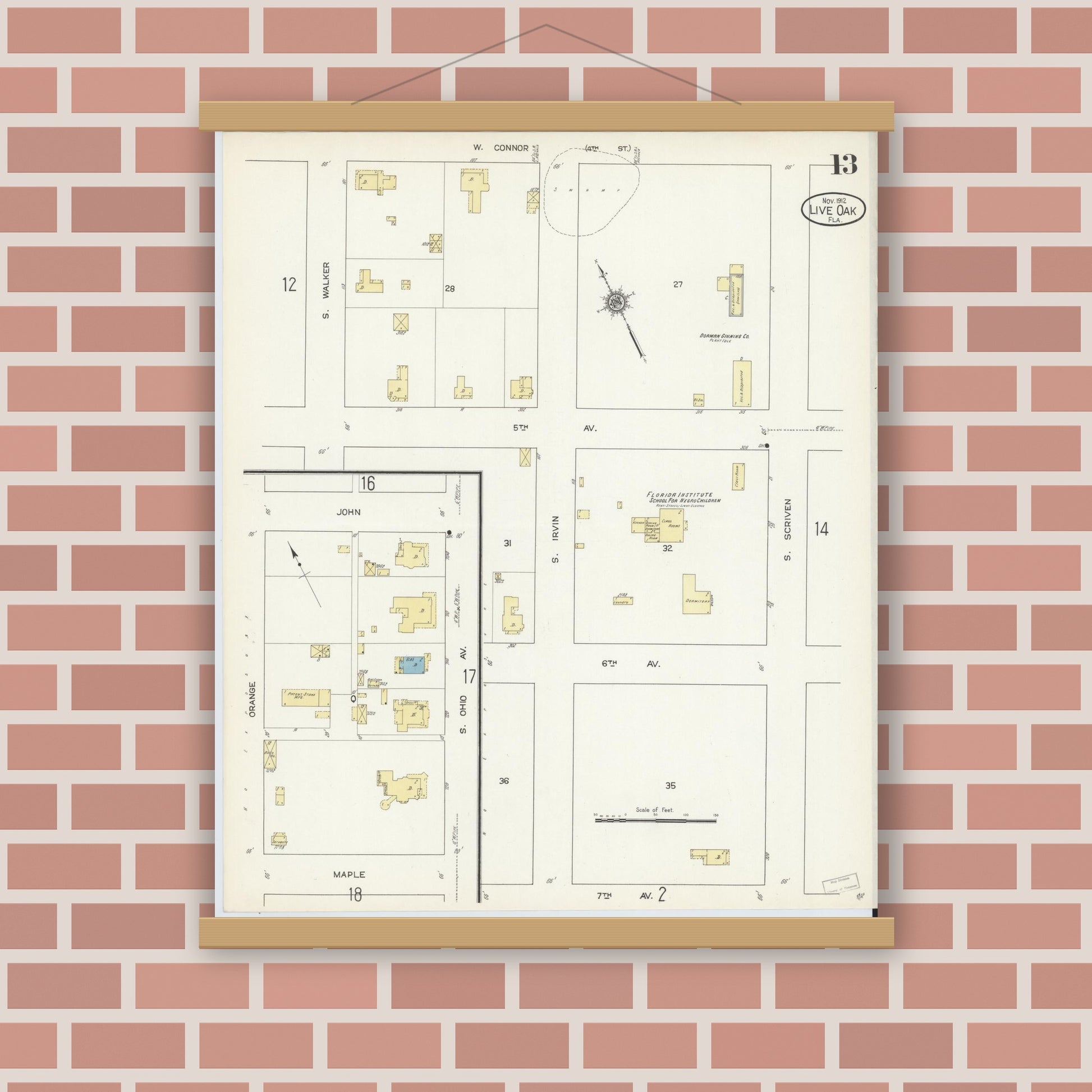 Old map wall art mockup — magnetic wood frame on brick wall — Sanborn Fire Insurance Map from Live Oak, Suwanee County, Florida (1912), Sheet #0013
