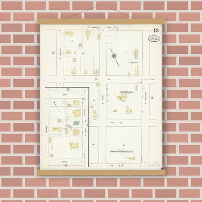 Old map wall art mockup — magnetic wood frame on brick wall — Sanborn Fire Insurance Map from Live Oak, Suwanee County, Florida (1912), Sheet #0013