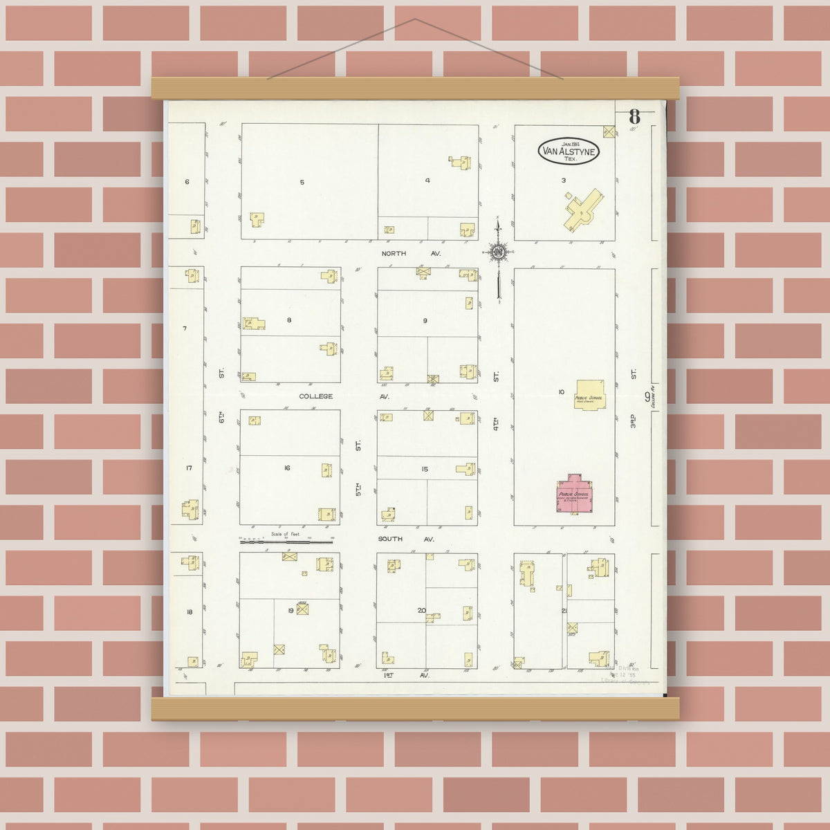 Old map wall art mockup — magnetic wood frame on brick wall — Sanborn Fire Insurance Map from Van Alstyne, Grayson County, Texas (1914), Sheet #0008