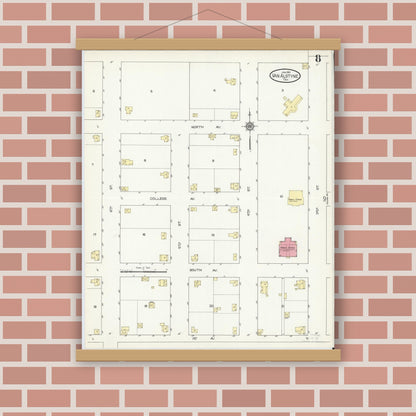 Old map wall art mockup — magnetic wood frame on brick wall — Sanborn Fire Insurance Map from Van Alstyne, Grayson County, Texas (1914), Sheet #0008