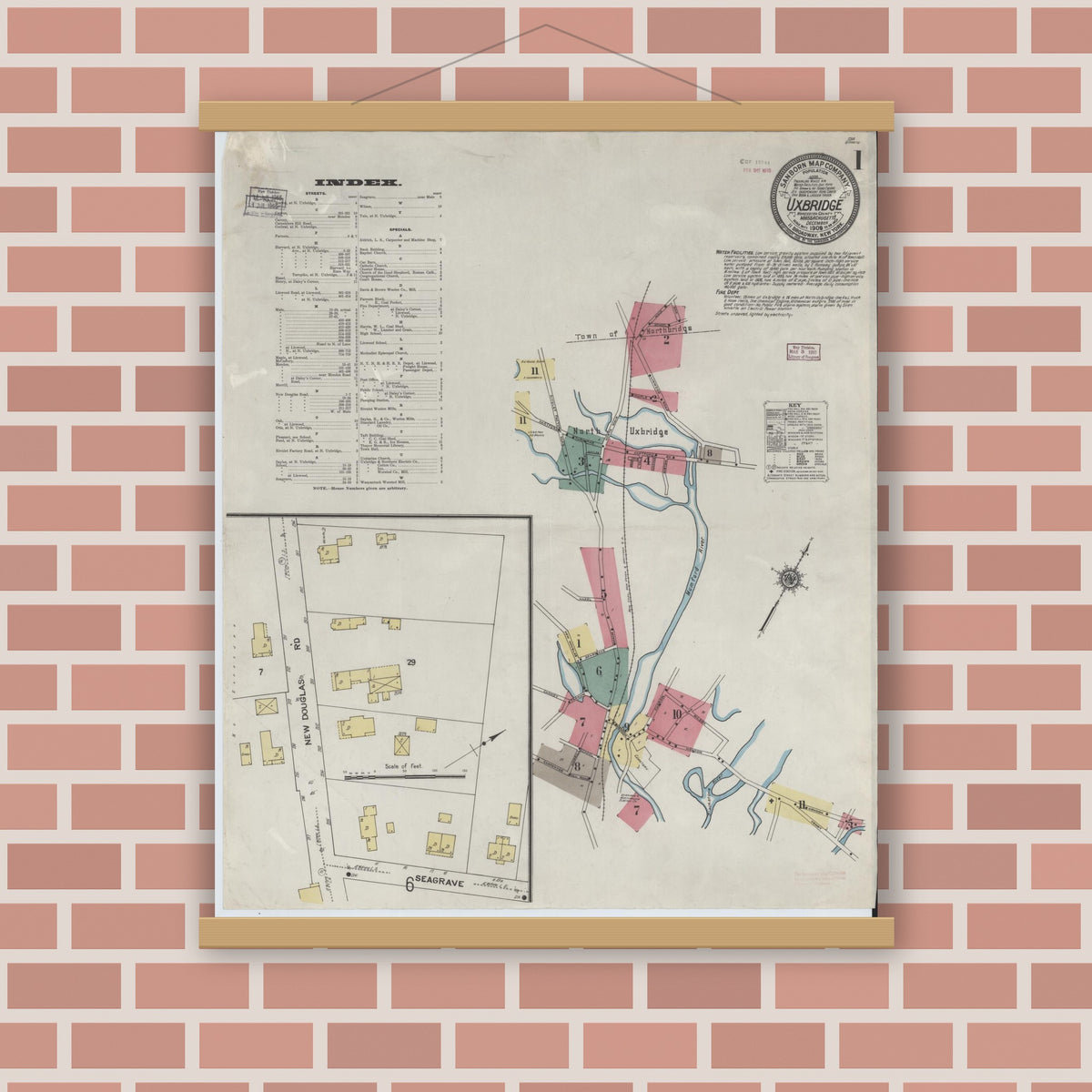 Old map wall art mockup — magnetic wood frame on brick wall — Sanborn Fire Insurance Map from Uxbridge, Worcester County, Massachusetts (1909) - Complete Map Set