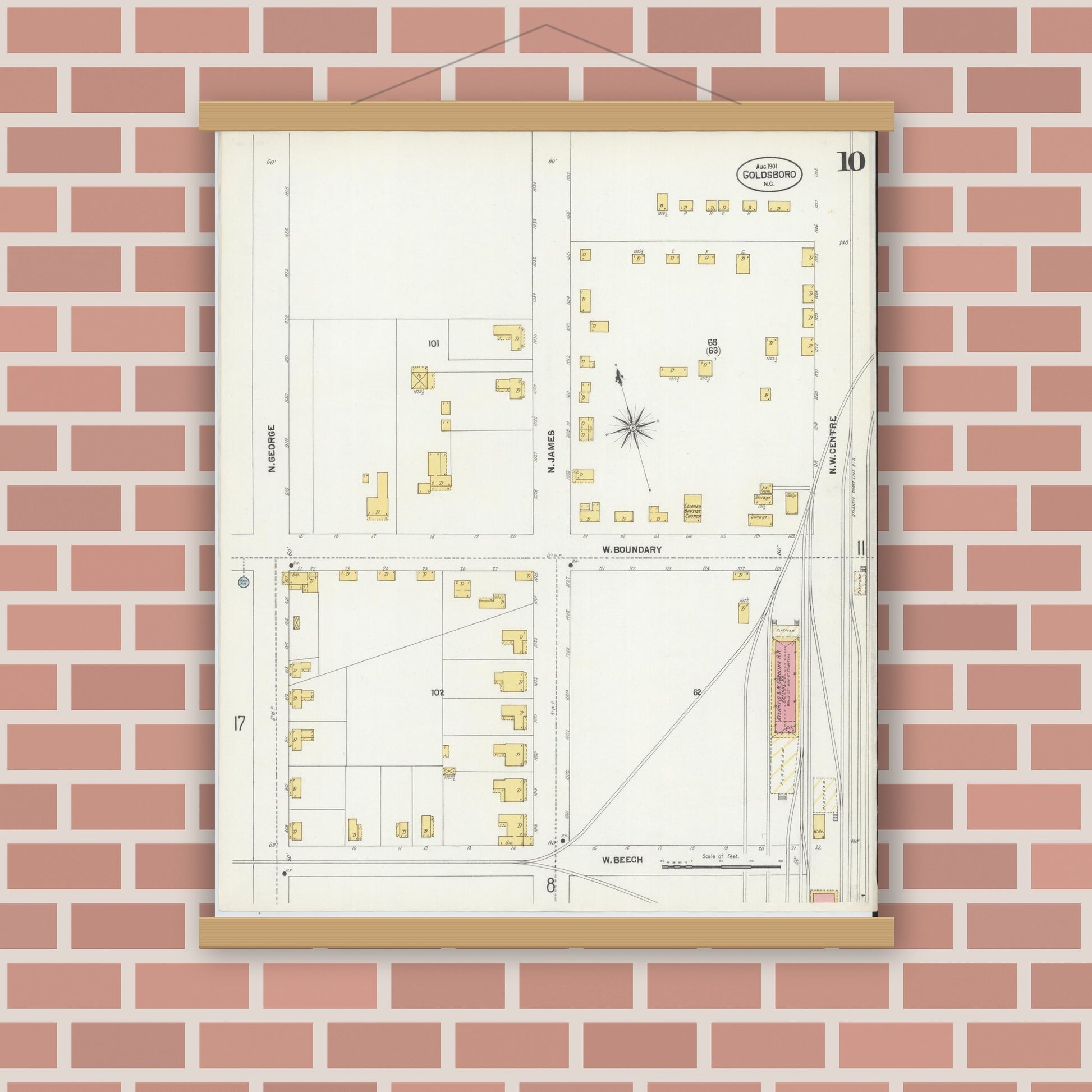Old map wall art mockup — magnetic wood frame on brick wall — Sanborn Fire Insurance Map from Goldsboro, Wayne County, North Carolina (1901), Sheet #0010