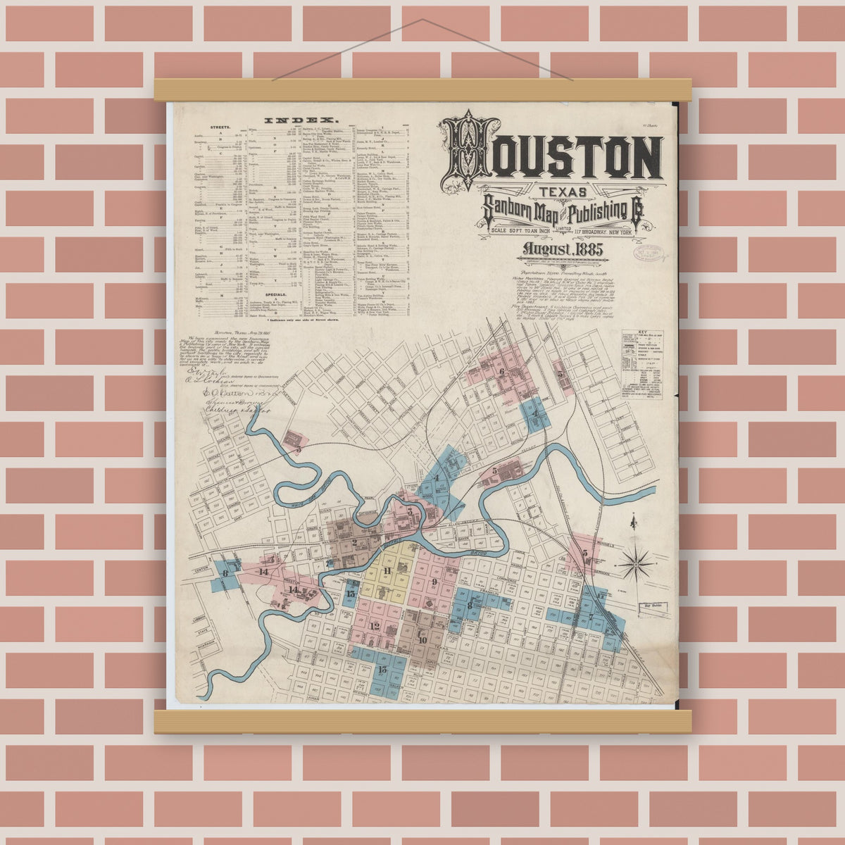 Old map wall art mockup — magnetic wood frame on brick wall — Sanborn Fire Insurance Map from Houston, Harris County, Texas (1885) - Complete Map Set