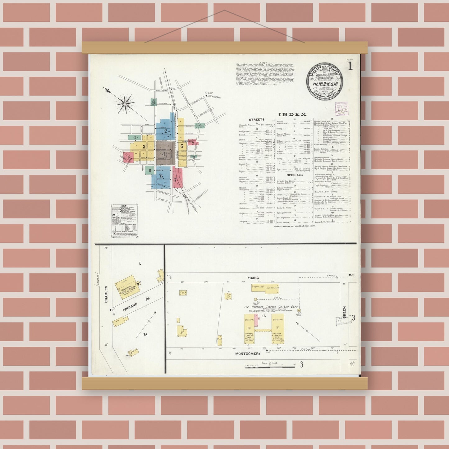 Old map wall art mockup — magnetic wood frame on brick wall — Sanborn Fire Insurance Map from Henderson, Vance County, North Carolina (1907), Sheet #0001
