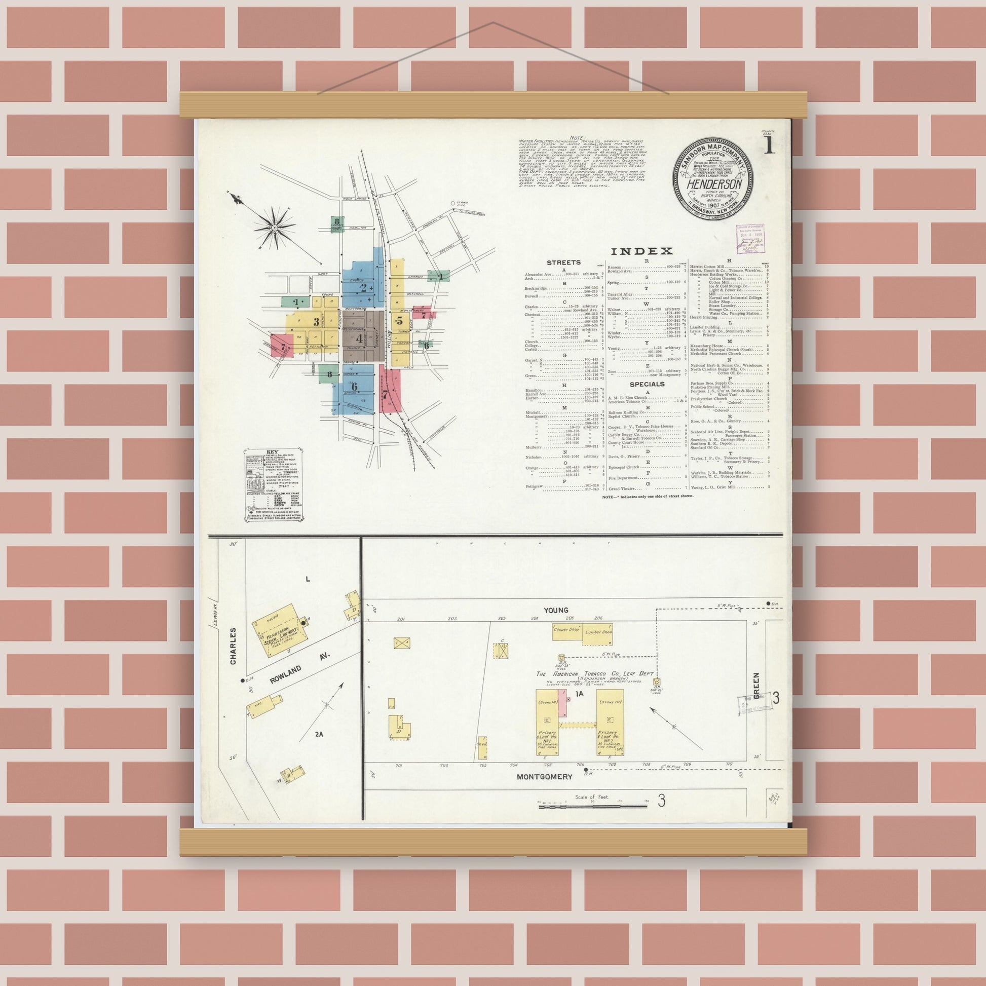 Old map wall art mockup — magnetic wood frame on brick wall — Sanborn Fire Insurance Map from Henderson, Vance County, North Carolina (1907), Sheet #0001