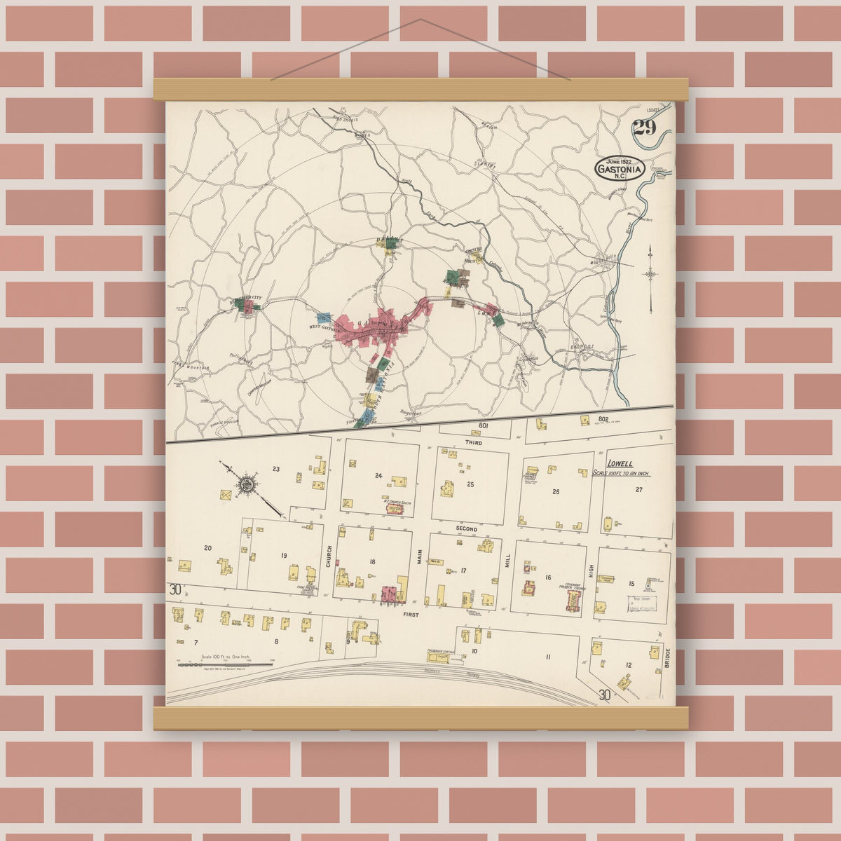 Old map wall art mockup — magnetic wood frame on brick wall — Sanborn Fire Insurance Map from Gastonia, Gaston County, North Carolina (1922), Sheet #0029