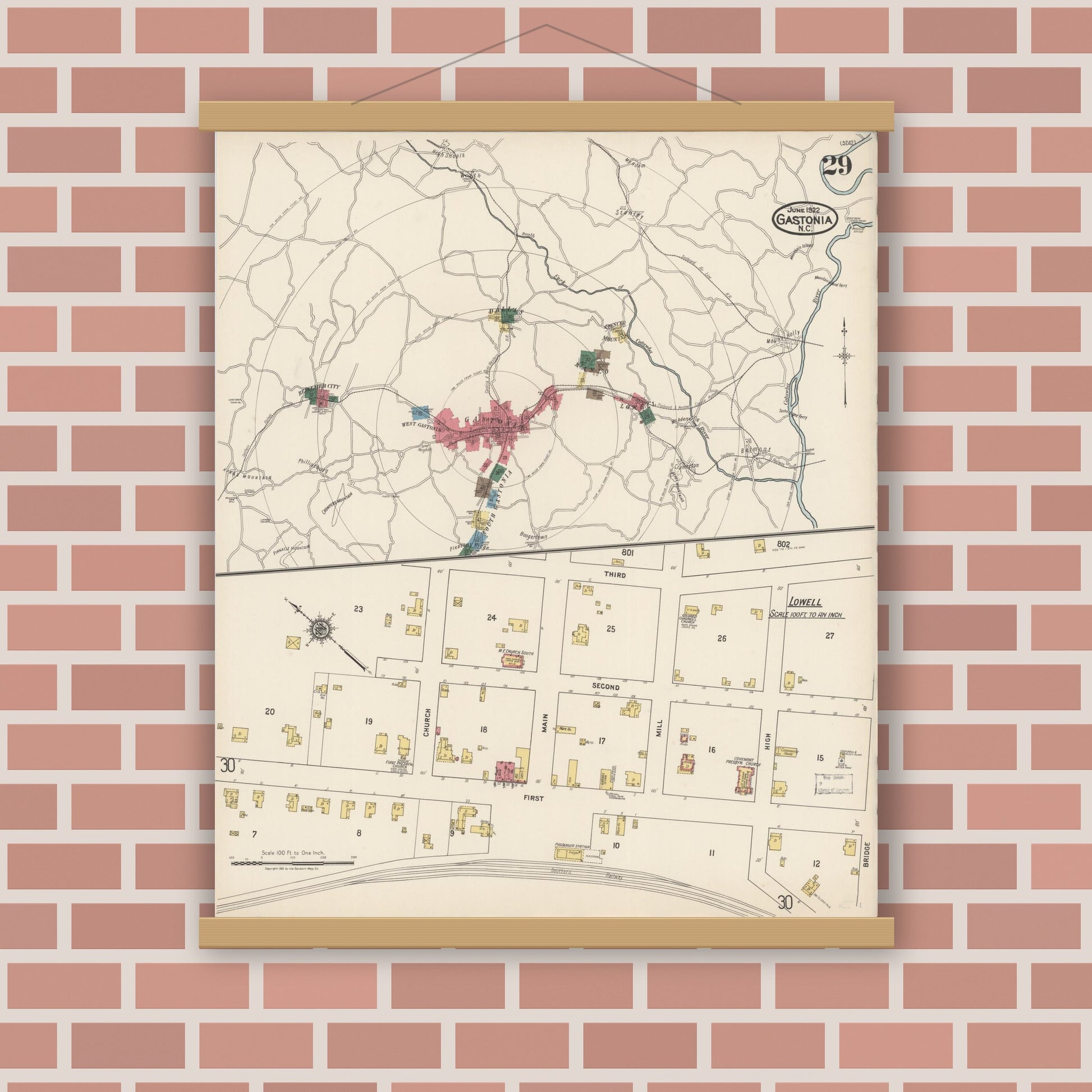 Old map wall art mockup — magnetic wood frame on brick wall — Sanborn Fire Insurance Map from Gastonia, Gaston County, North Carolina (1922), Sheet #0029
