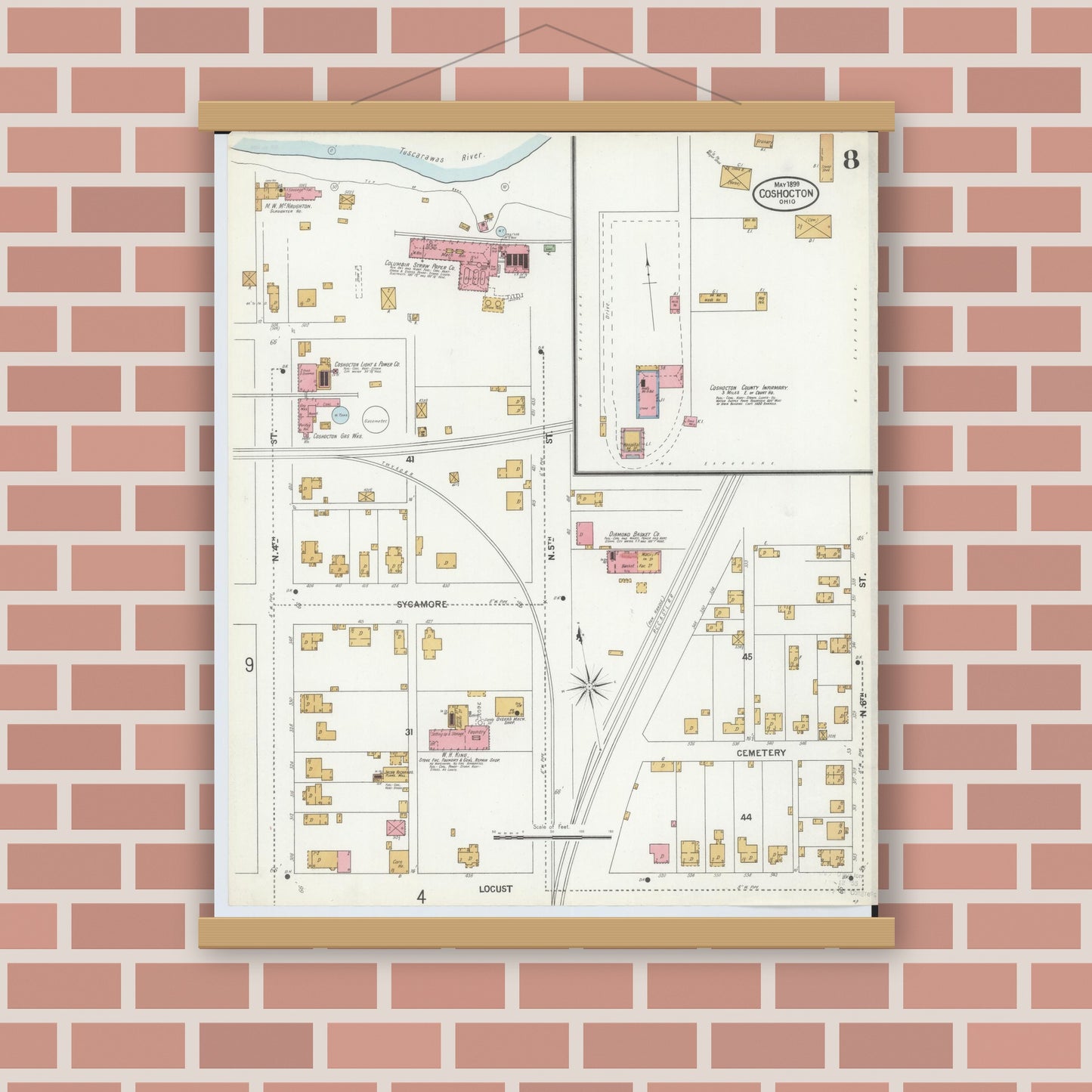 Old map wall art mockup — magnetic wood frame on brick wall — Sanborn Fire Insurance Map from Coshocton, Coshocton County, Ohio (1899), Sheet #0008