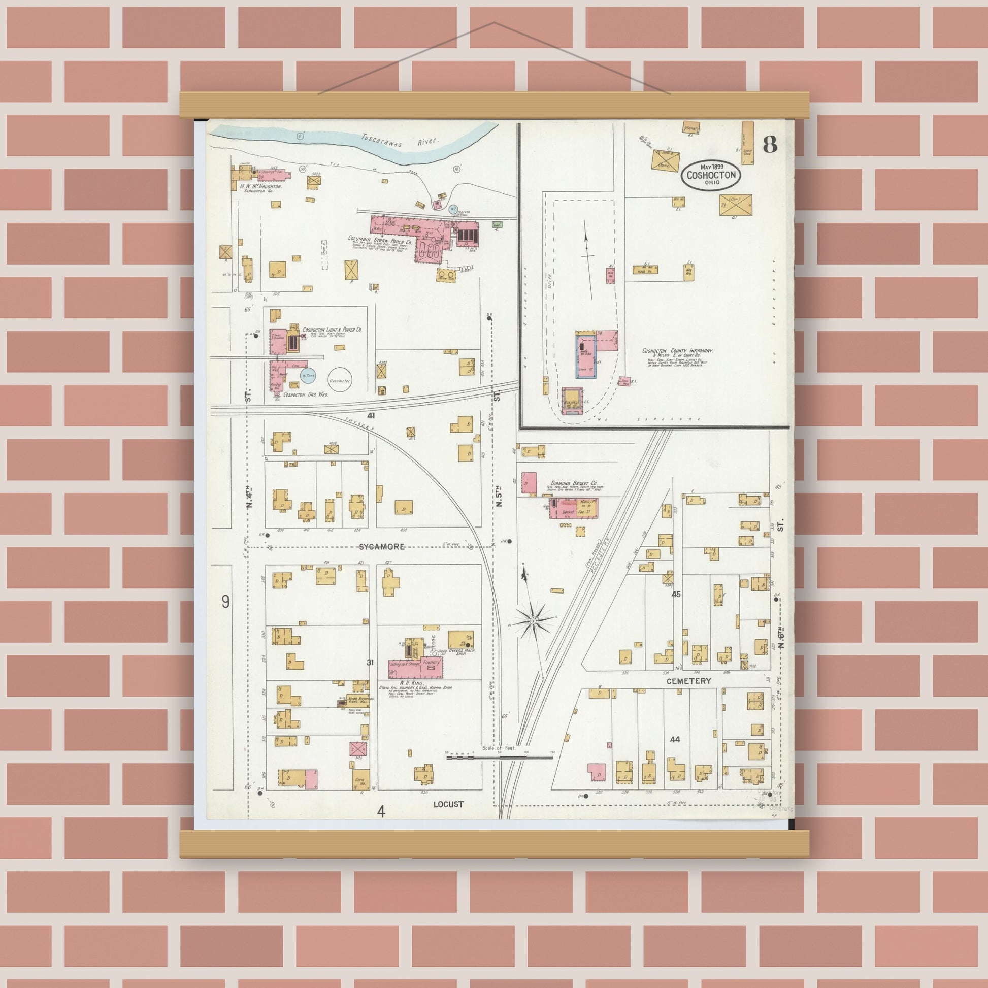 Old map wall art mockup — magnetic wood frame on brick wall — Sanborn Fire Insurance Map from Coshocton, Coshocton County, Ohio (1899), Sheet #0008