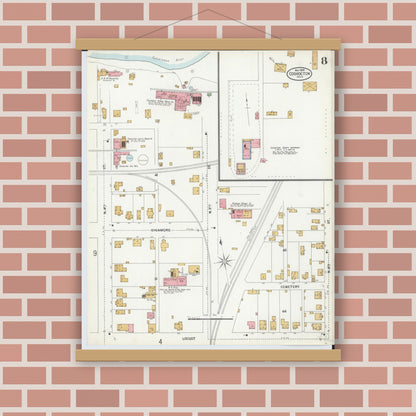 Old map wall art mockup — magnetic wood frame on brick wall — Sanborn Fire Insurance Map from Coshocton, Coshocton County, Ohio (1899), Sheet #0008