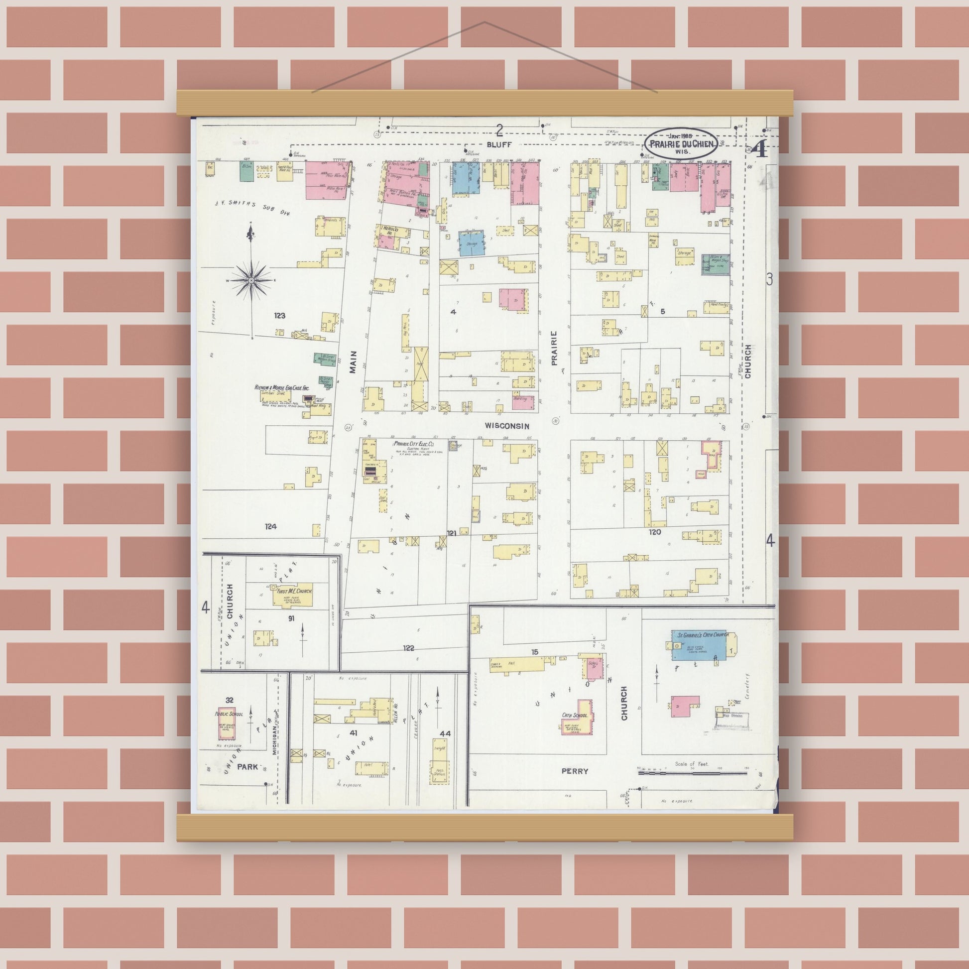 Old map wall art mockup — magnetic wood frame on brick wall — Sanborn Fire Insurance Map from Prairie du Chien, Crawford County, Wisconsin (1905), Sheet #0004