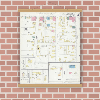 Old map wall art mockup — magnetic wood frame on brick wall — Sanborn Fire Insurance Map from Prairie du Chien, Crawford County, Wisconsin (1905), Sheet #0004