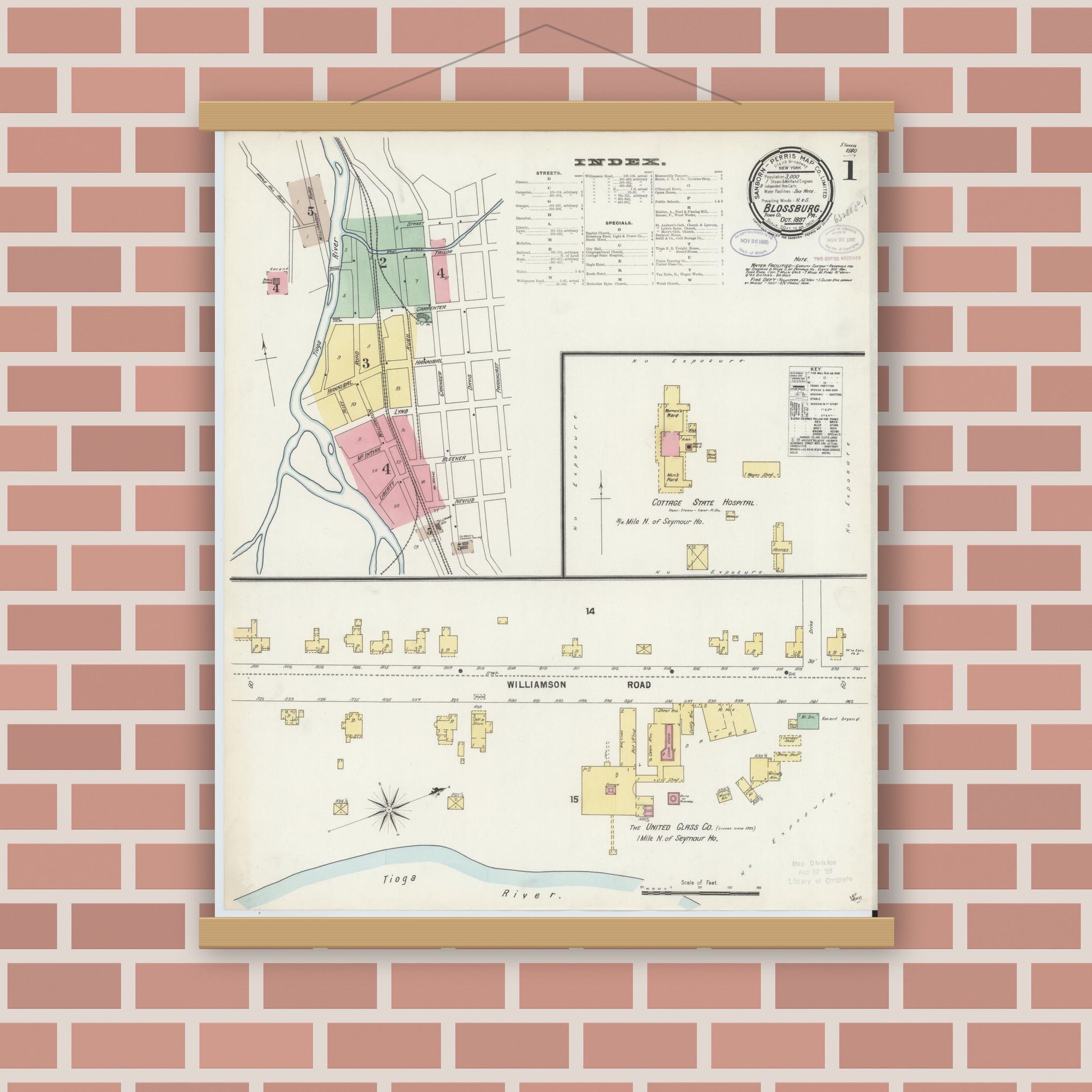 Old map wall art mockup — magnetic wood frame on brick wall — Sanborn Fire Insurance Map from Blossburg, Tioga County, Pennsylvania (1897), Sheet #0001