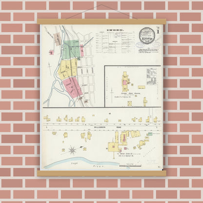 Old map wall art mockup — magnetic wood frame on brick wall — Sanborn Fire Insurance Map from Blossburg, Tioga County, Pennsylvania (1897), Sheet #0001
