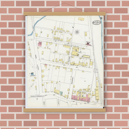 Old map wall art mockup — magnetic wood frame on brick wall — Sanborn Fire Insurance Map from Wellsville, Columbiana County, Ohio (1892), Sheet #0002
