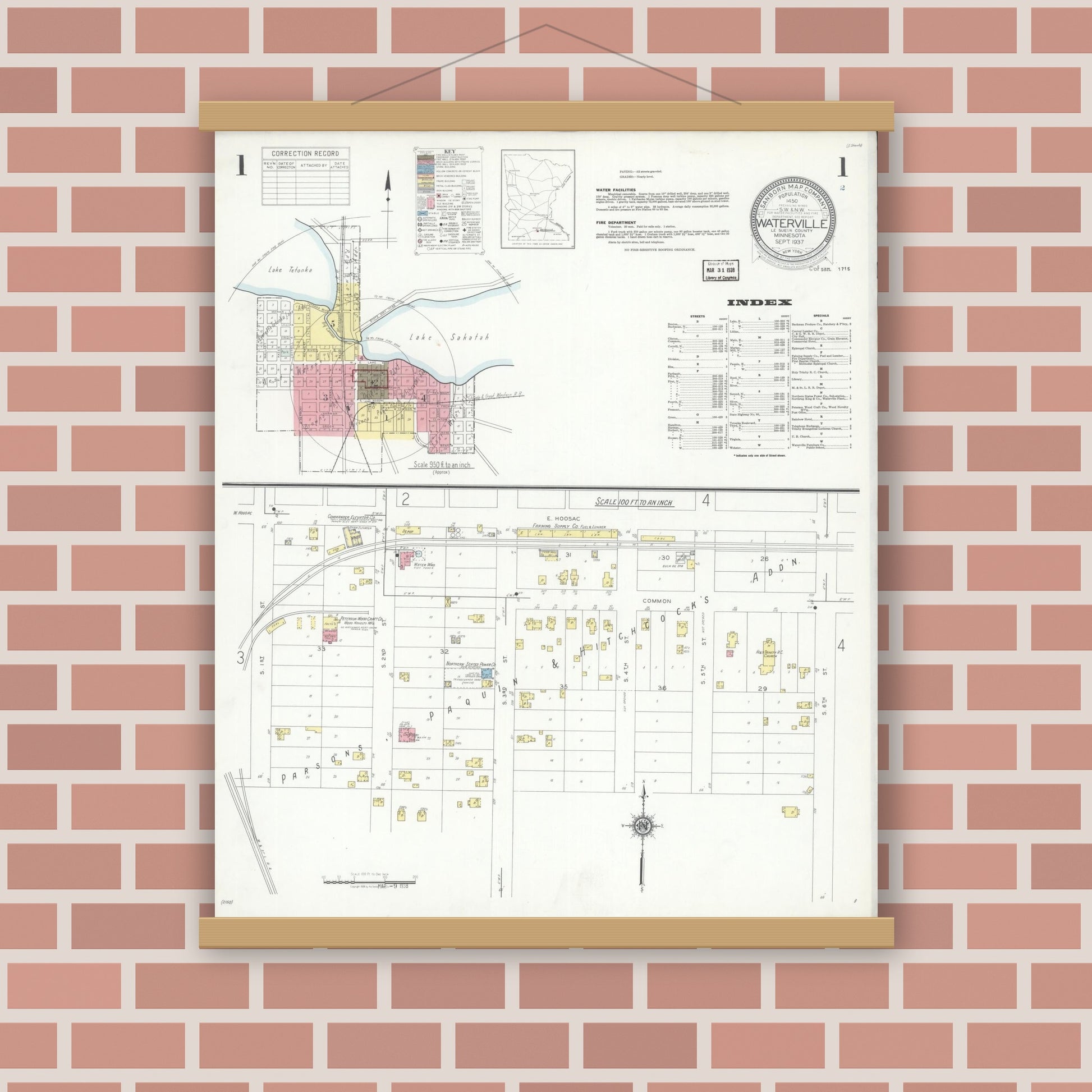 Old map wall art mockup — magnetic wood frame on brick wall — Sanborn Fire Insurance Map from Waterville, Le Sueur County, Minnesota (1937) - Complete Map Set