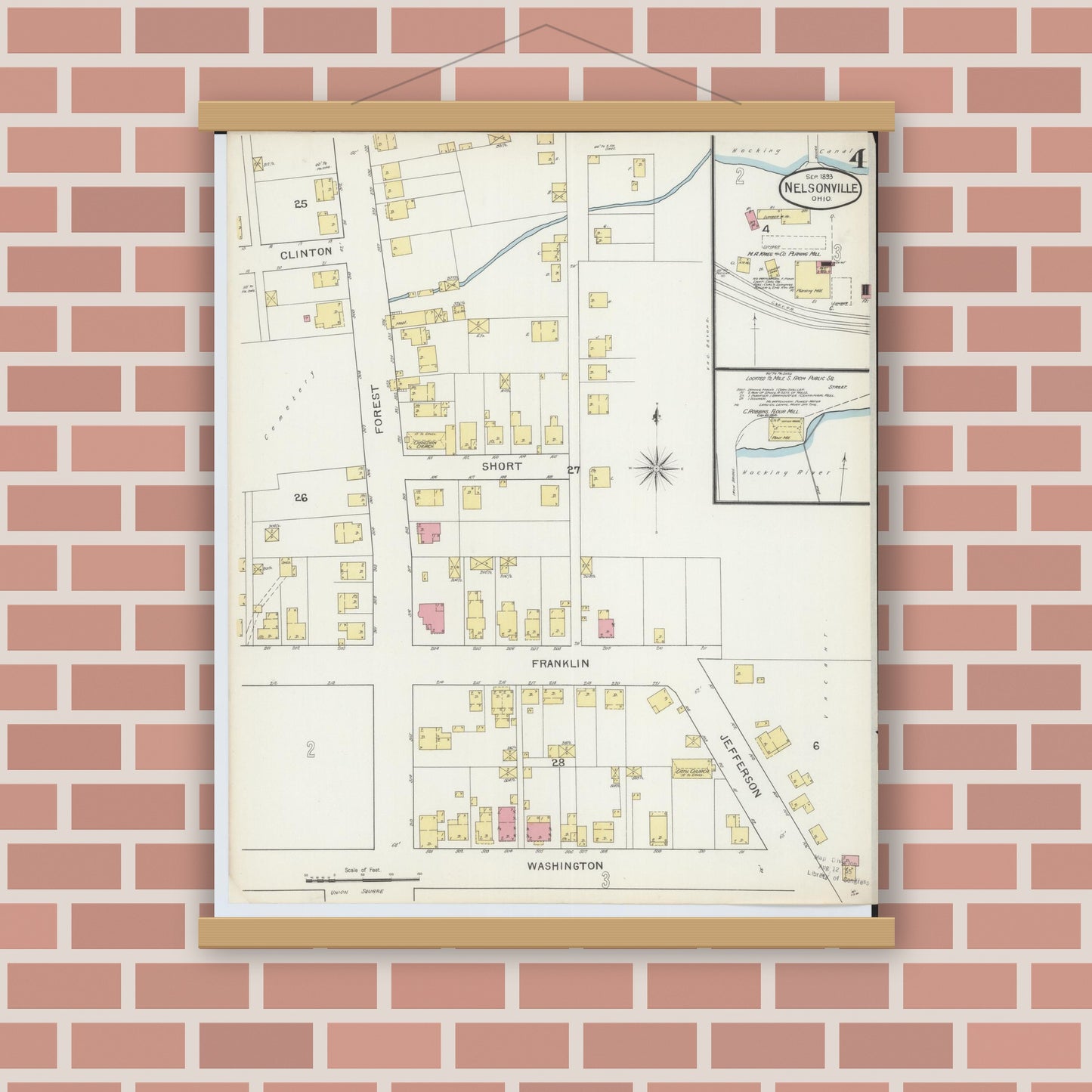 Old map wall art mockup — magnetic wood frame on brick wall — Sanborn Fire Insurance Map from Nelsonville, Athens County, Ohio (1893), Sheet #0004