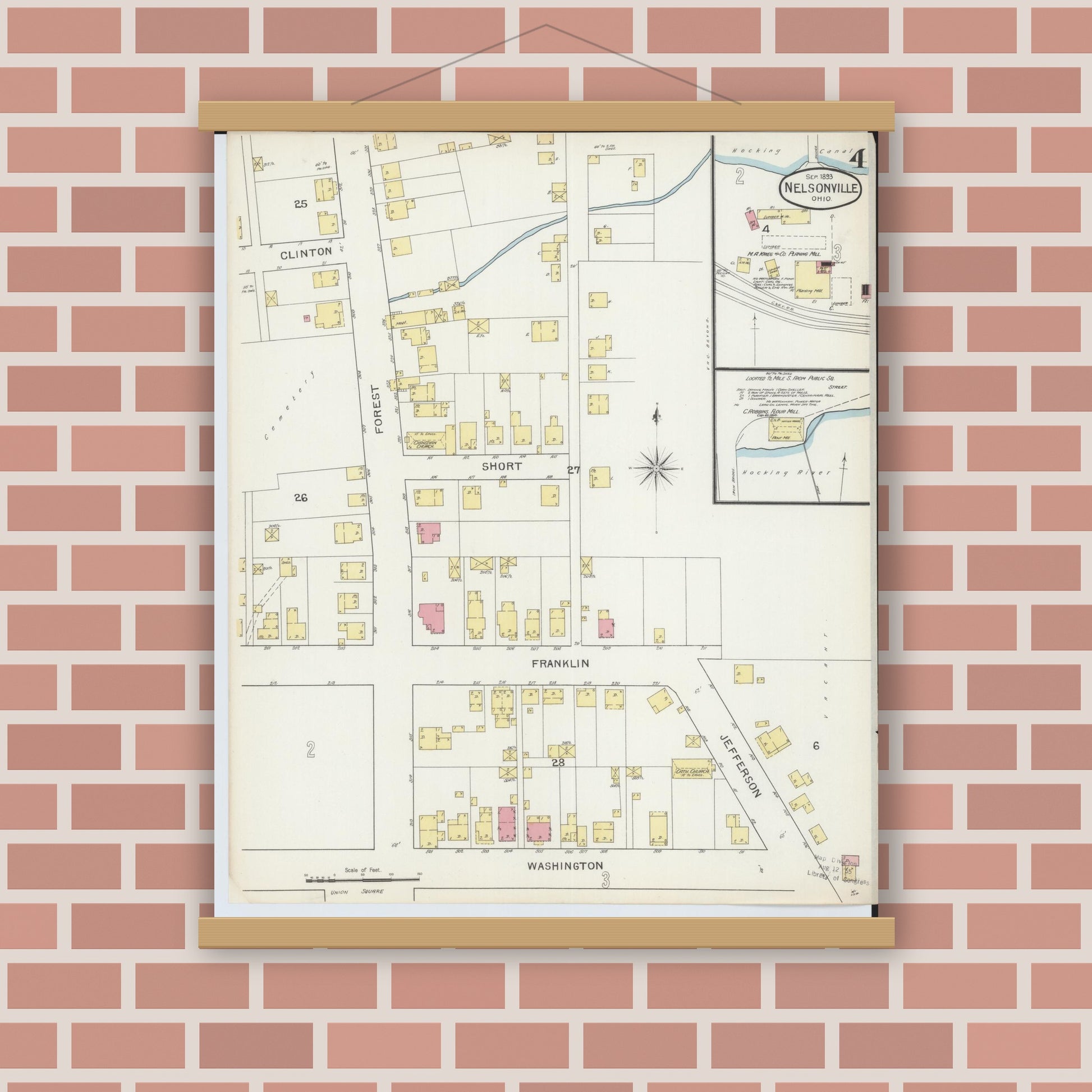 Old map wall art mockup — magnetic wood frame on brick wall — Sanborn Fire Insurance Map from Nelsonville, Athens County, Ohio (1893), Sheet #0004