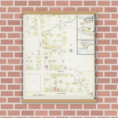 Old map wall art mockup — magnetic wood frame on brick wall — Sanborn Fire Insurance Map from Nelsonville, Athens County, Ohio (1893), Sheet #0004