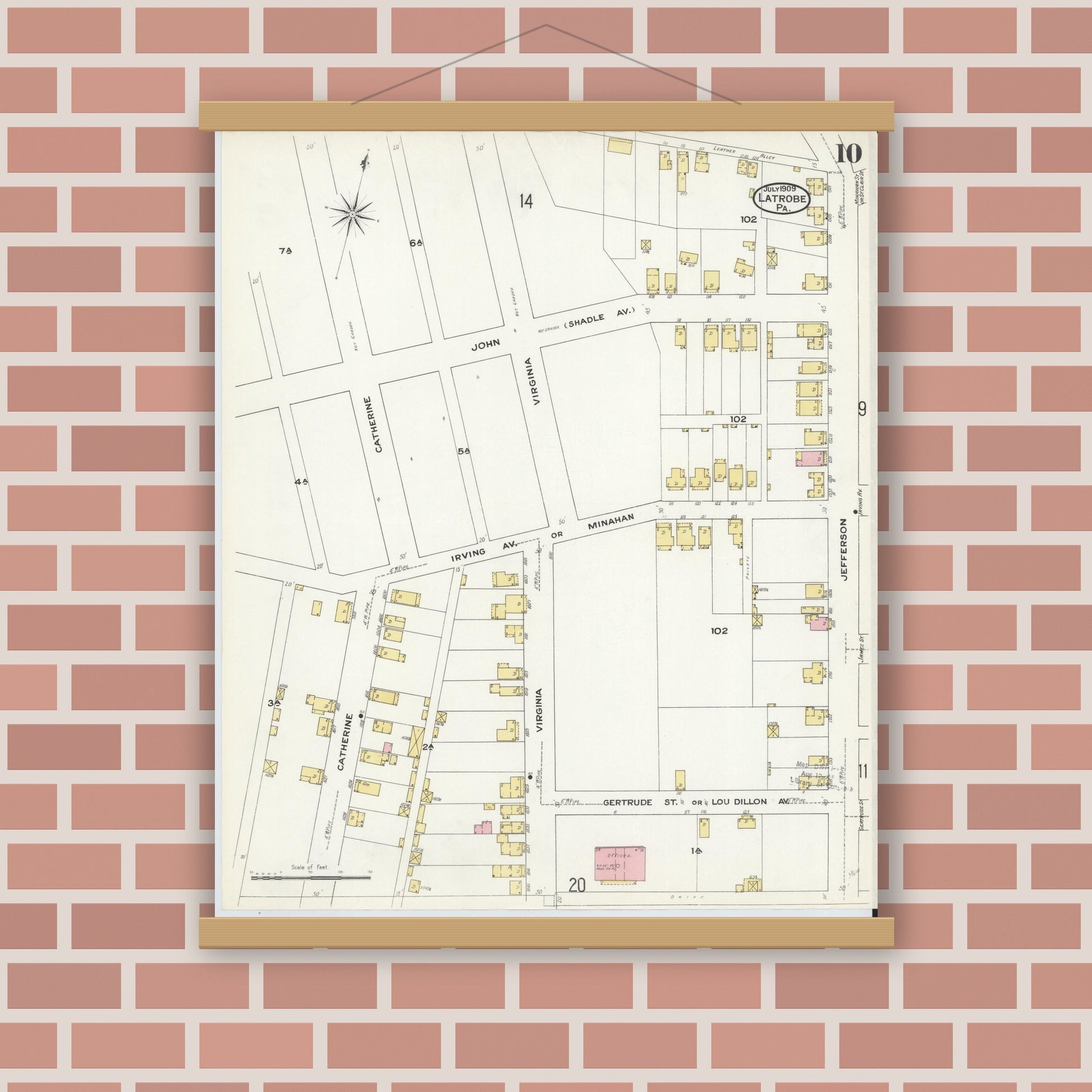 Old map wall art mockup — magnetic wood frame on brick wall — Sanborn Fire Insurance Map from Latrobe, Westmoreland County, Pennsylvania (1909), Sheet #0010