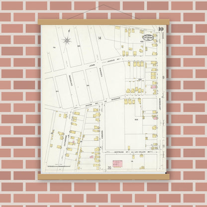 Old map wall art mockup — magnetic wood frame on brick wall — Sanborn Fire Insurance Map from Latrobe, Westmoreland County, Pennsylvania (1909), Sheet #0010