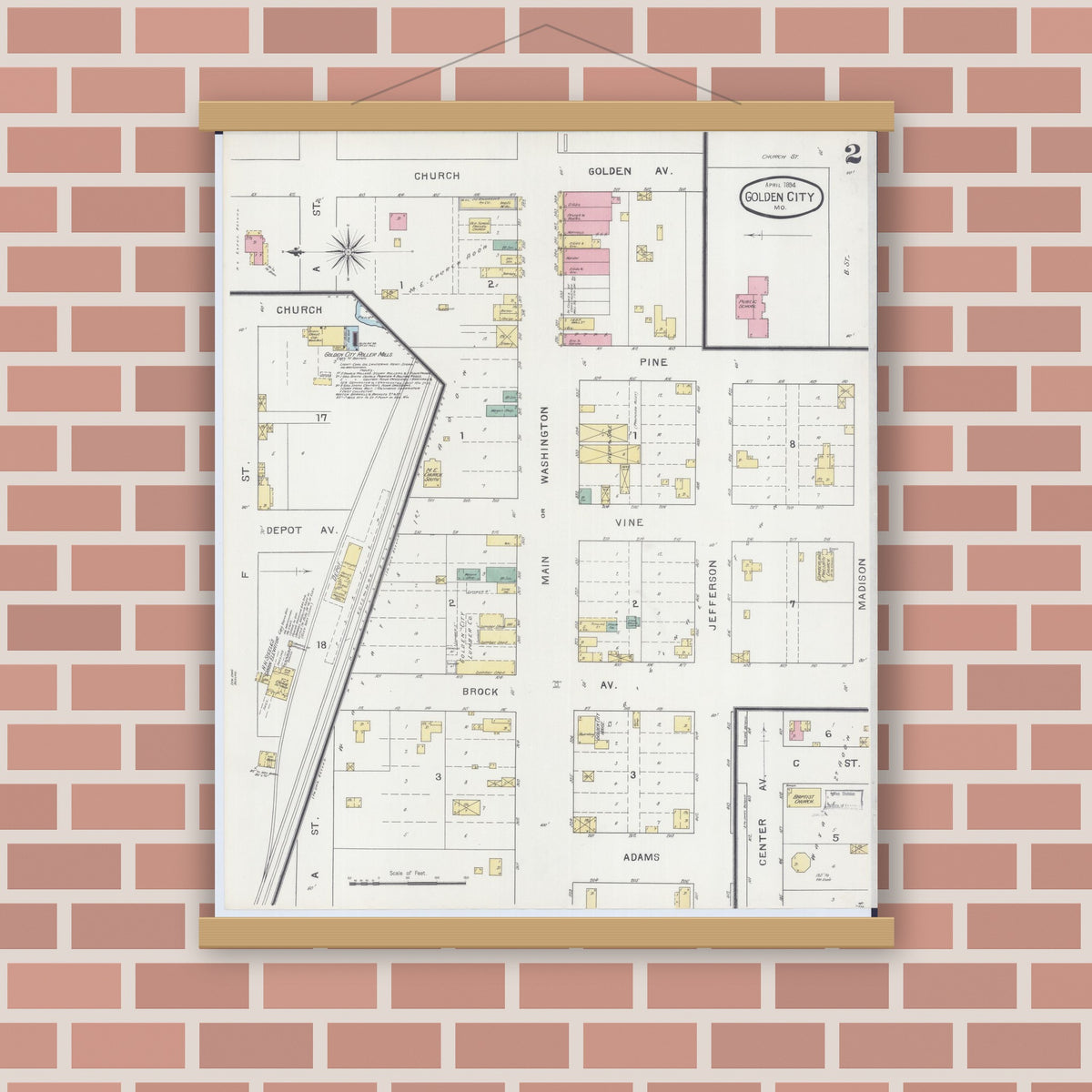 Old map wall art mockup — magnetic wood frame on brick wall — Sanborn Fire Insurance Map from Golden City, Barton County, Missouri (1894), Sheet #0002