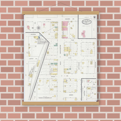 Old map wall art mockup — magnetic wood frame on brick wall — Sanborn Fire Insurance Map from Golden City, Barton County, Missouri (1894), Sheet #0002