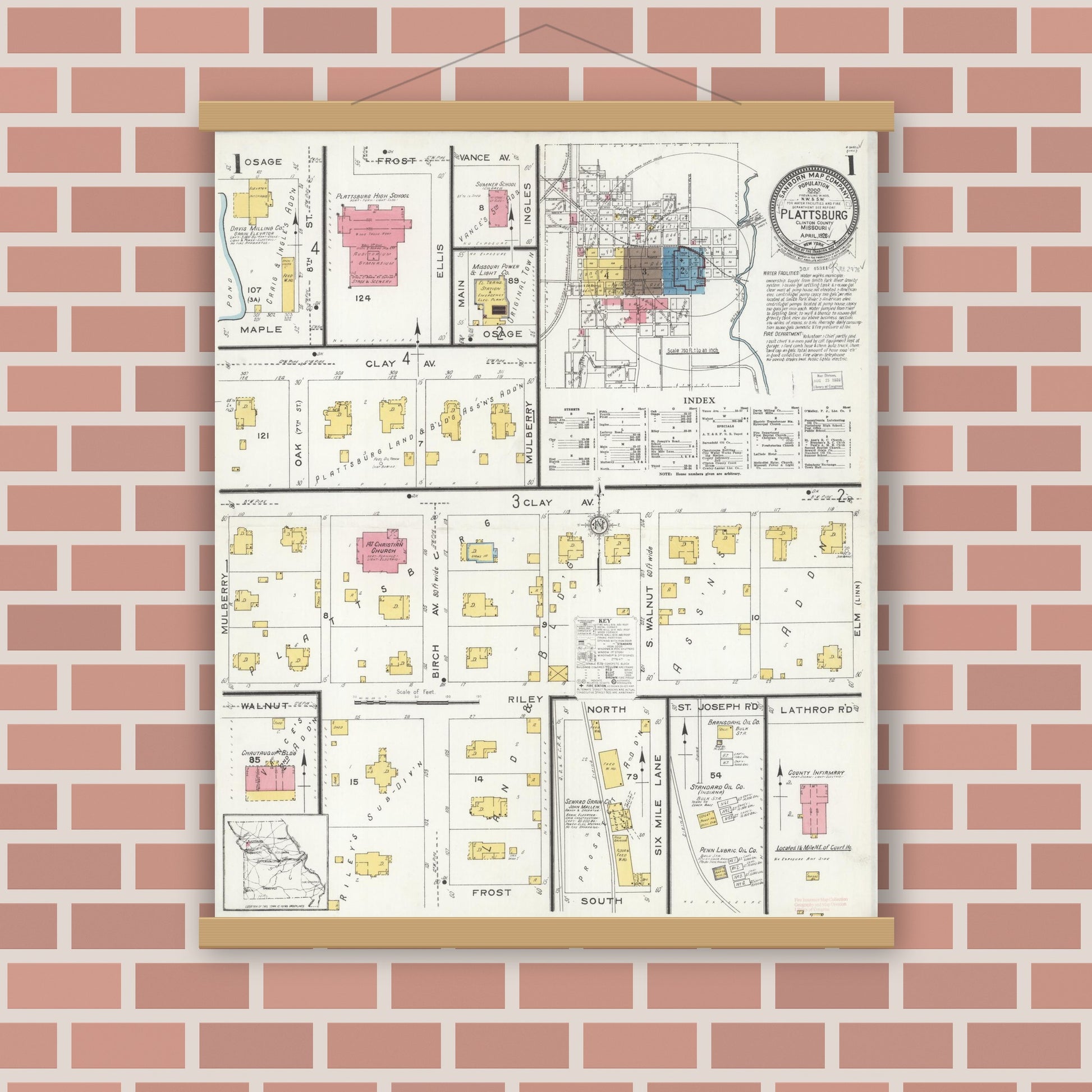 Old map wall art mockup — magnetic wood frame on brick wall — Sanborn Fire Insurance Map from Plattsburg, Clinton County, Missouri (1926) - Complete Map Set